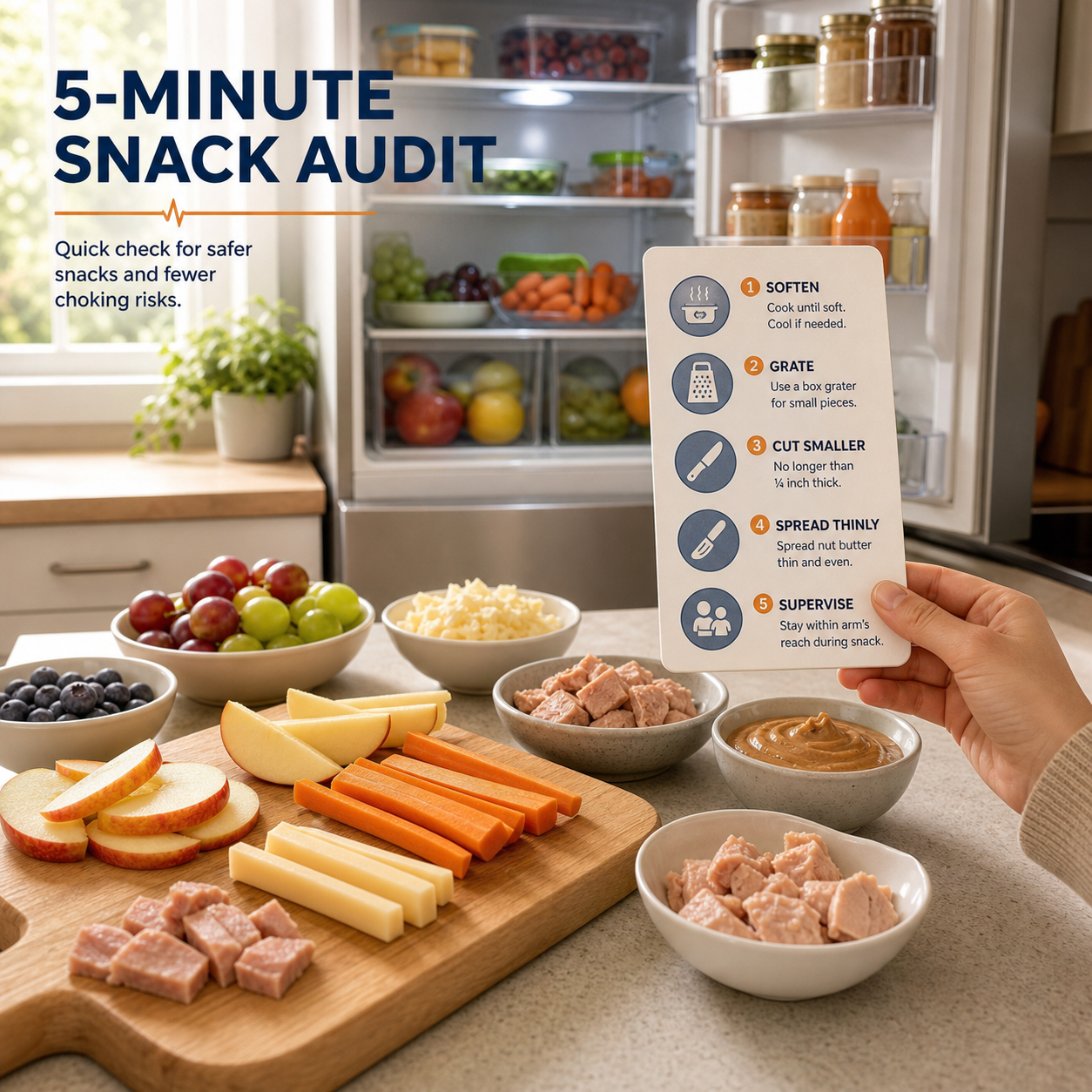 cinematic 3D kitchen snack audit showing apples carrots cheese grapes nut butter meat and mixed-age snack bowls with a caregiver checklist