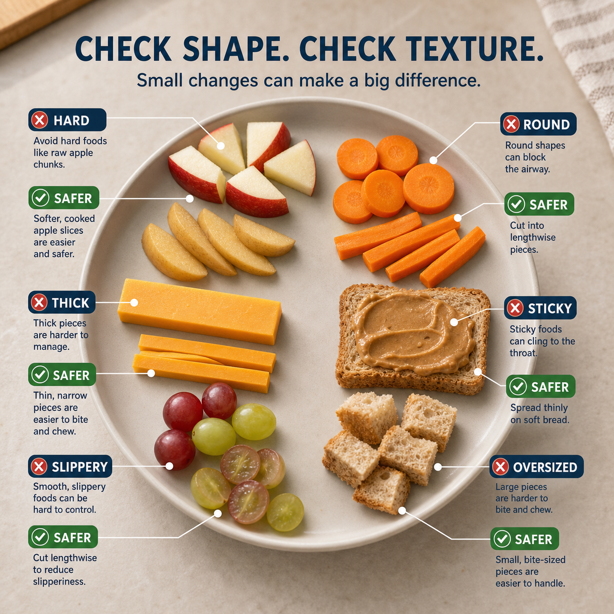 cinematic 3D toddler snack plate with callouts for hard round thick sticky slippery and oversized choking risk features