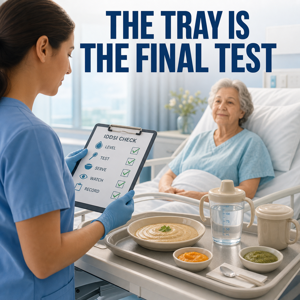 eldercare bedside tray verification scene showing resident tray IDDSI level posture assistance and reject unsafe tray decision