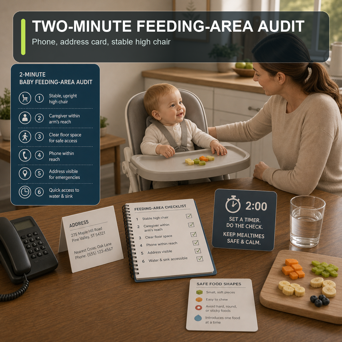 cinematic 3D two-minute baby feeding-area audit with stable upright high chair phone address card caregiver within reach and calm uncluttered setup