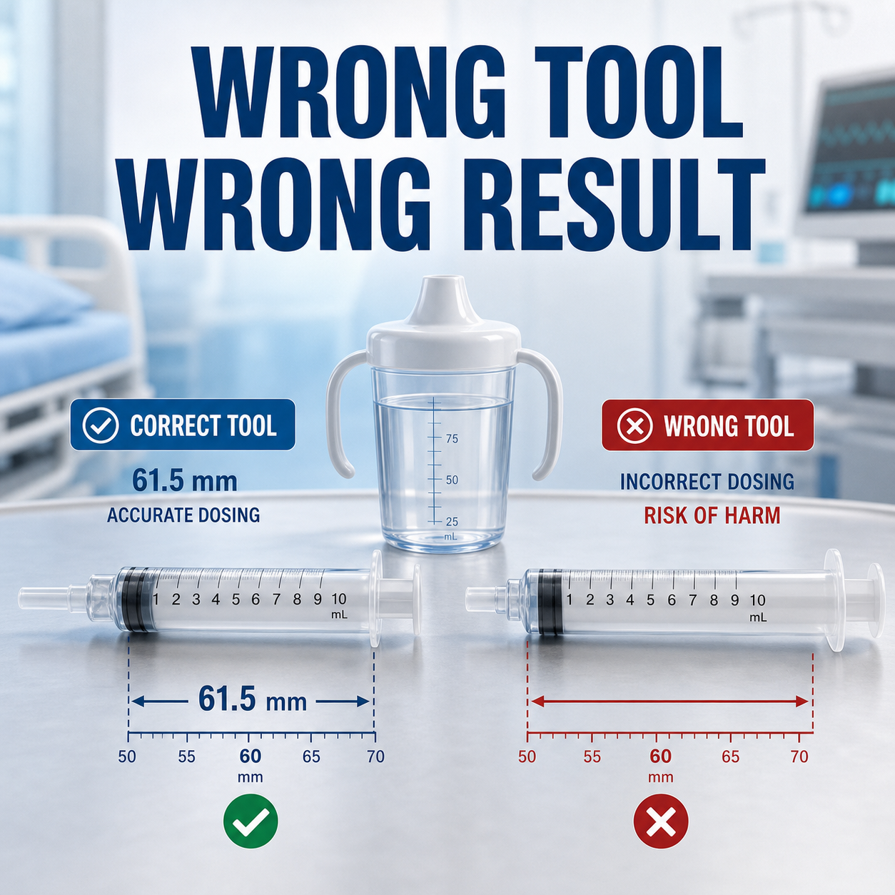 cinematic 3D comparison showing correct and wrong syringe geometry changing thickened liquid flow test results
