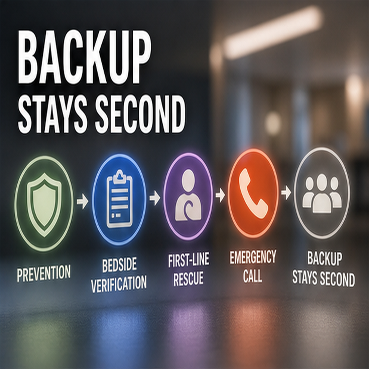 3D medical workflow showing prevention, bedside verification, first-line rescue, emergency call, and backup second