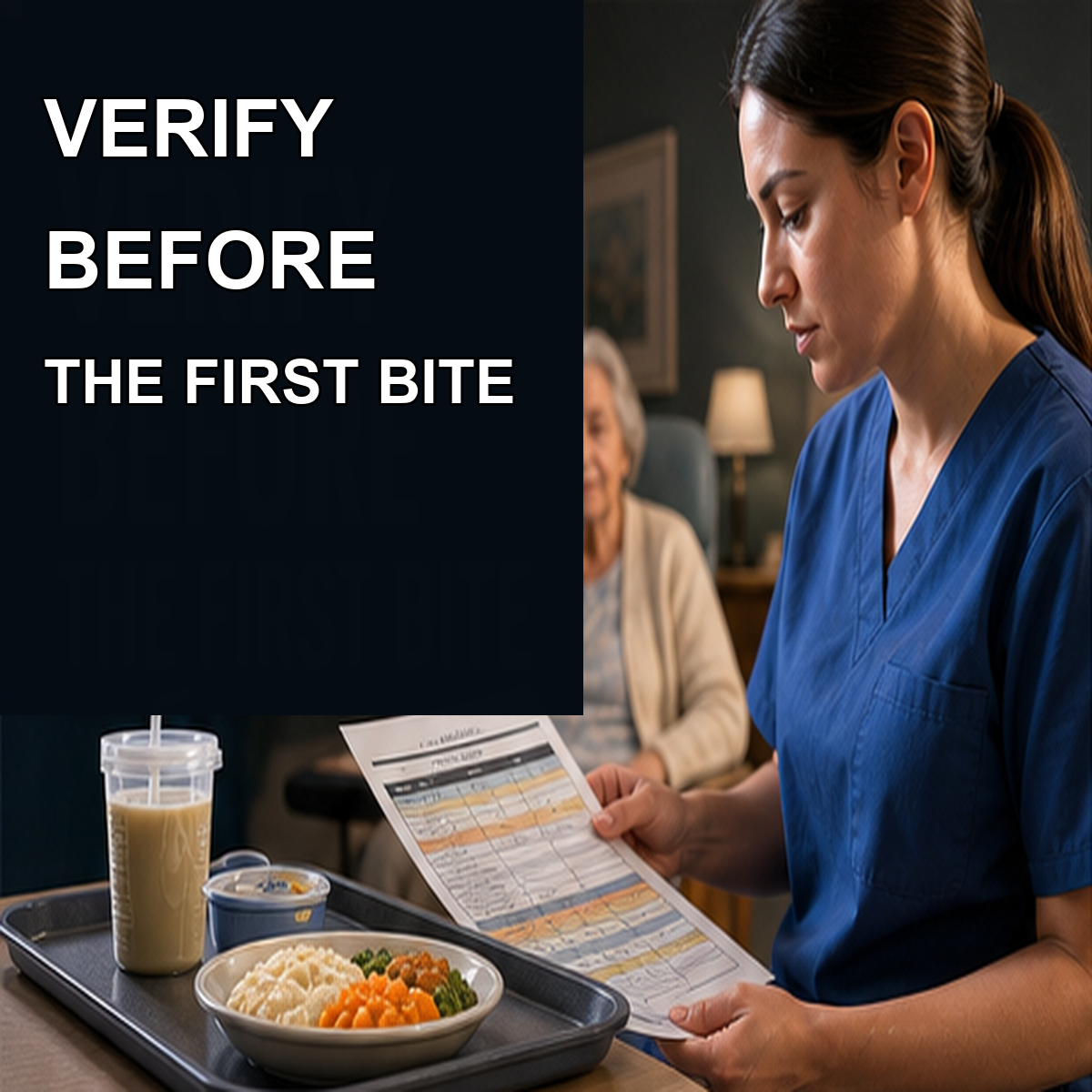 cinematic 3D elder-care scene showing caregiver verifying a dysphagia meal tray before the first bite