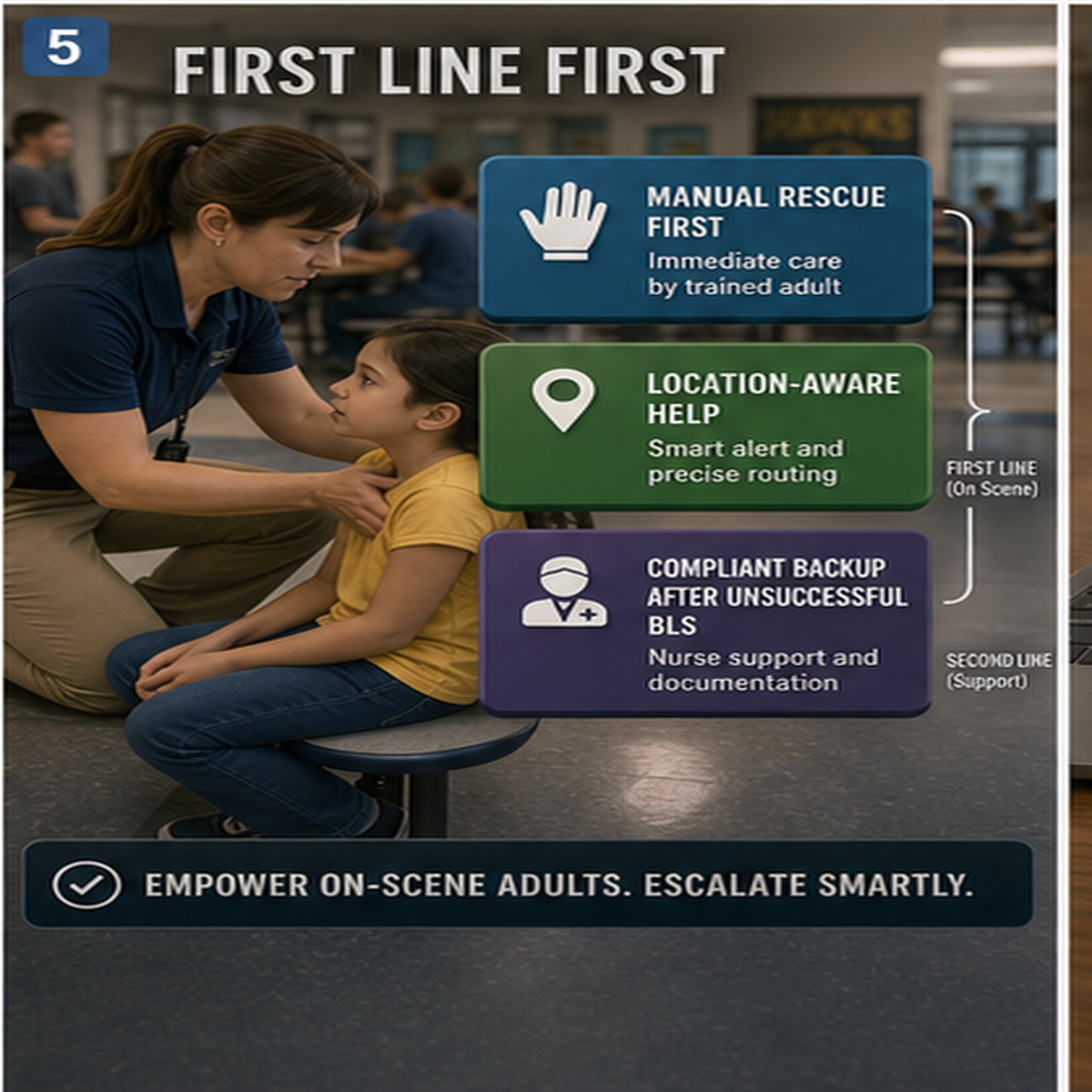 cinematic 3D first-line first school response scene with manual rescue location-aware help and compliant backup after unsuccessful BLS