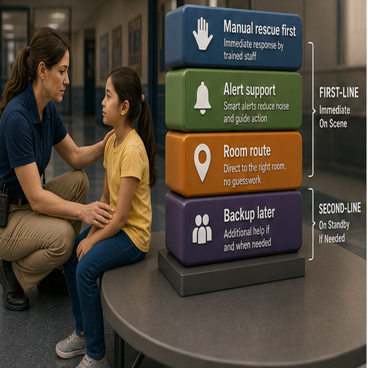 cinematic 3D first-line first response architecture with manual rescue alert support room route and backup later