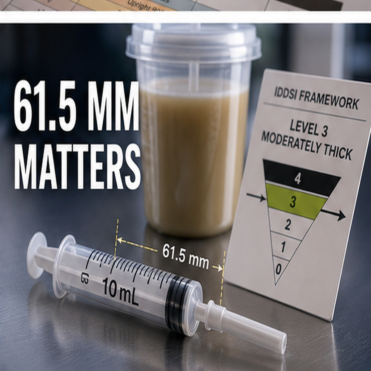 3D medical image of 61.5 mm IDDSI syringe accuracy beside a thickened drink cup