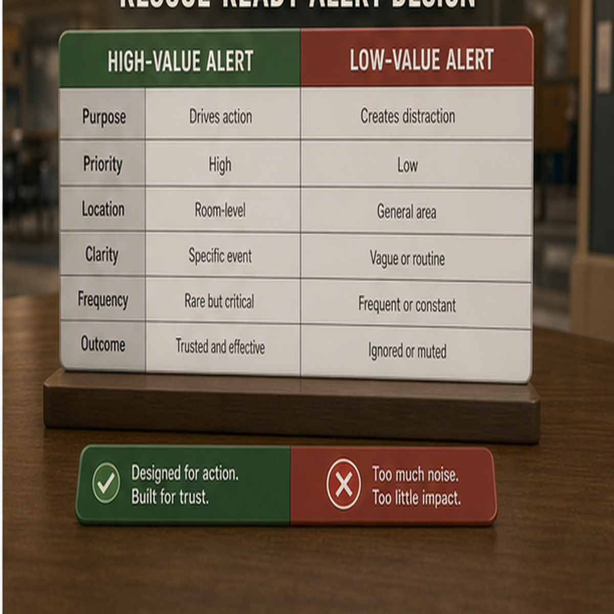 cinematic 3D rescue-ready alert design table comparing high-value and low-value school medical alerts