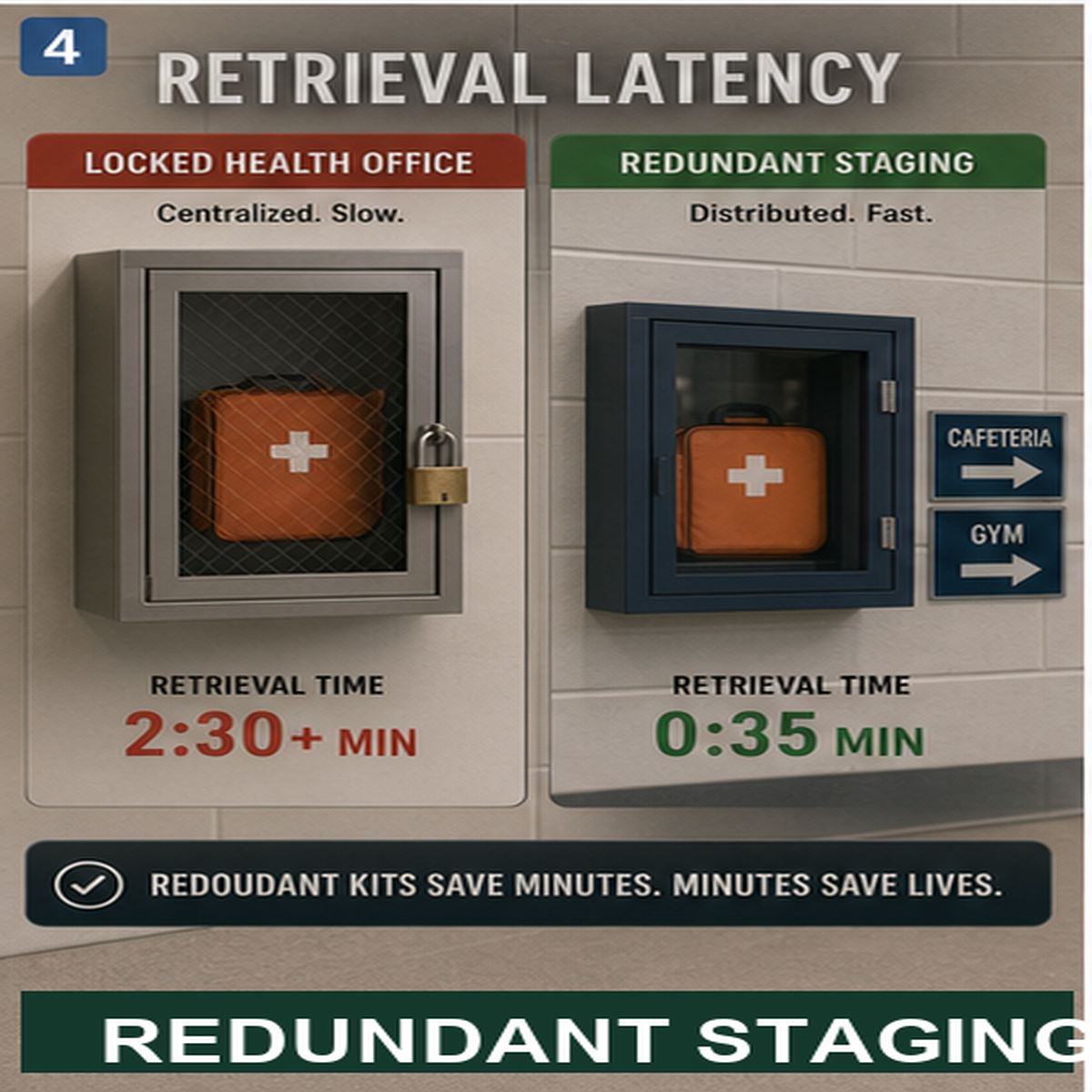 cinematic 3D retrieval latency comparison showing locked health office storage versus redundant staging near cafeteria and gym