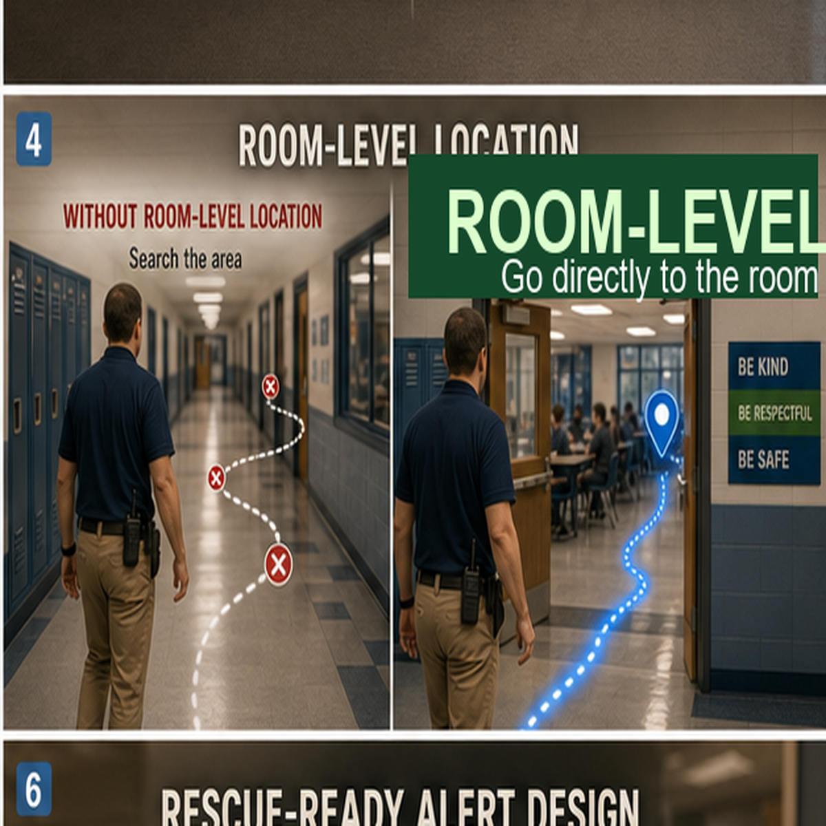 cinematic 3D school hallway routing map showing room-level location compared with hallway search delay