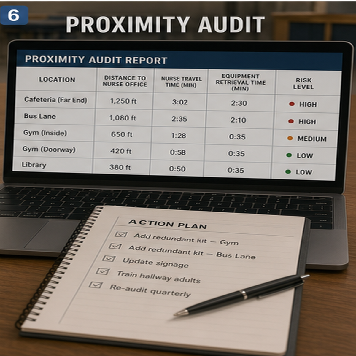 cinematic 3D school proximity audit dashboard showing nurse travel time equipment retrieval time cafeteria bus lane and gym metrics