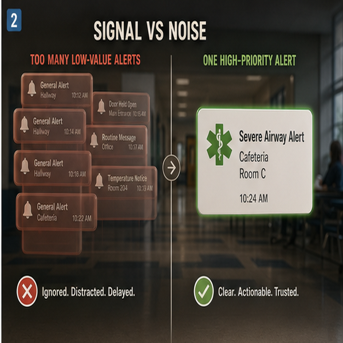 cinematic 3D signal versus noise alert dashboard contrasting many low-value alerts with one high-priority airway alert
