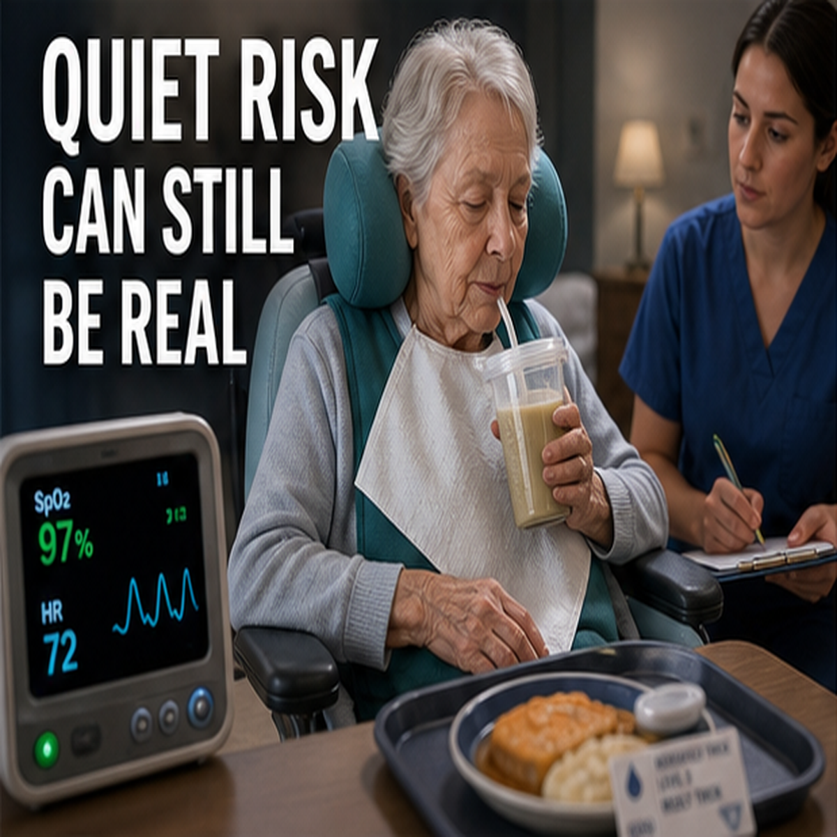 cinematic 3D elder-care dining scene showing quiet aspiration risk and caregiver observation