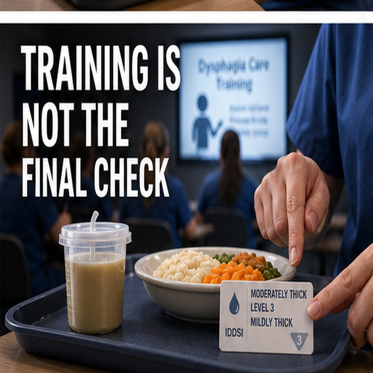cinematic 3D scene contrasting dysphagia staff training with real bedside meal verification
