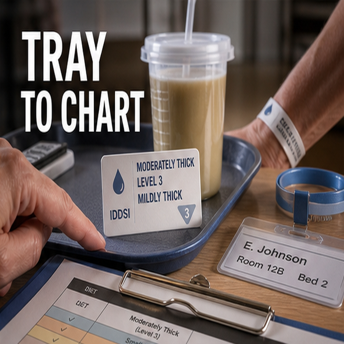 3D medical close-up of tray label, care chart, and thickened drink verification before feeding