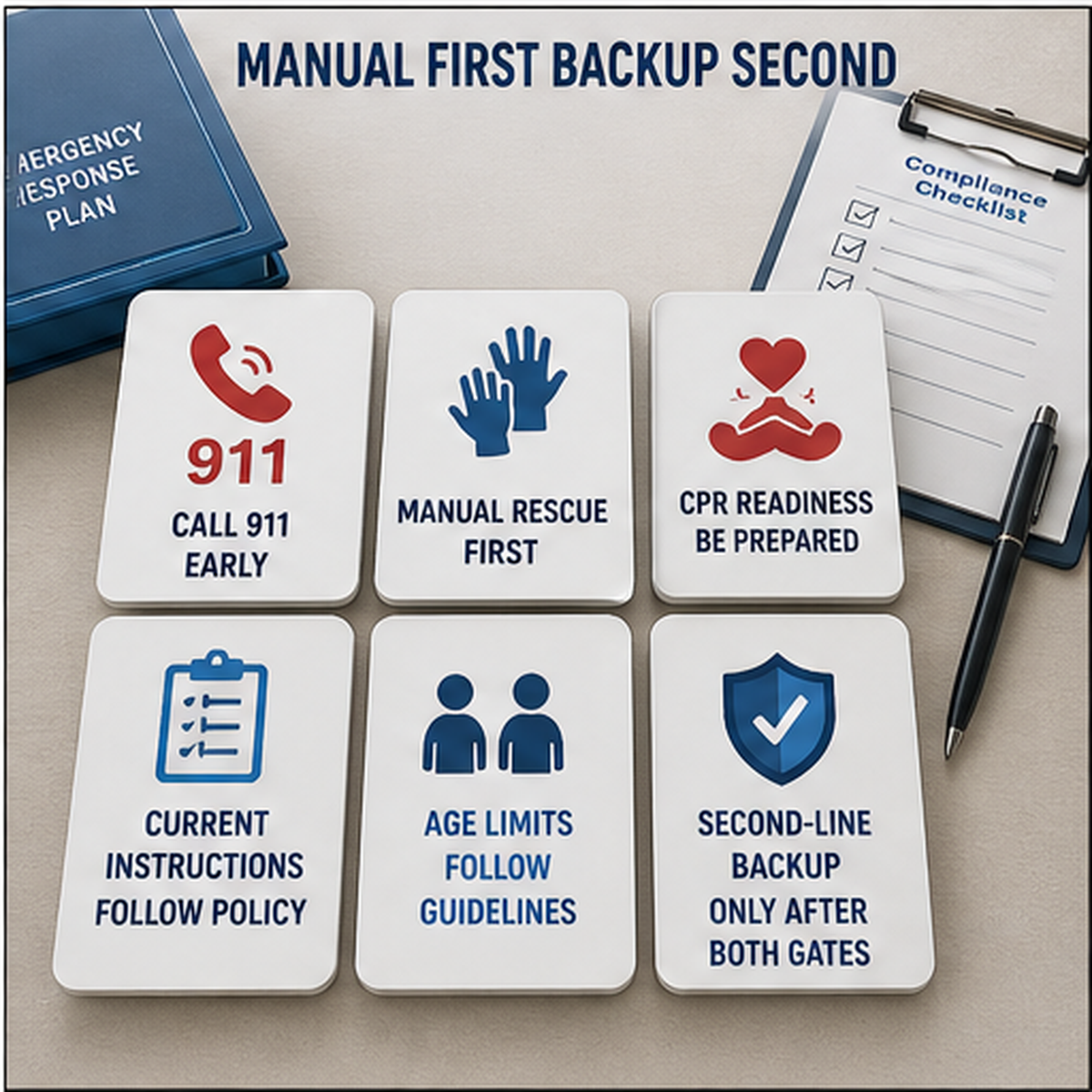cinematic 3D compliance tabletop showing first-line rescue first 911 CPR readiness current instructions and second-line Fitiger backup boundaries