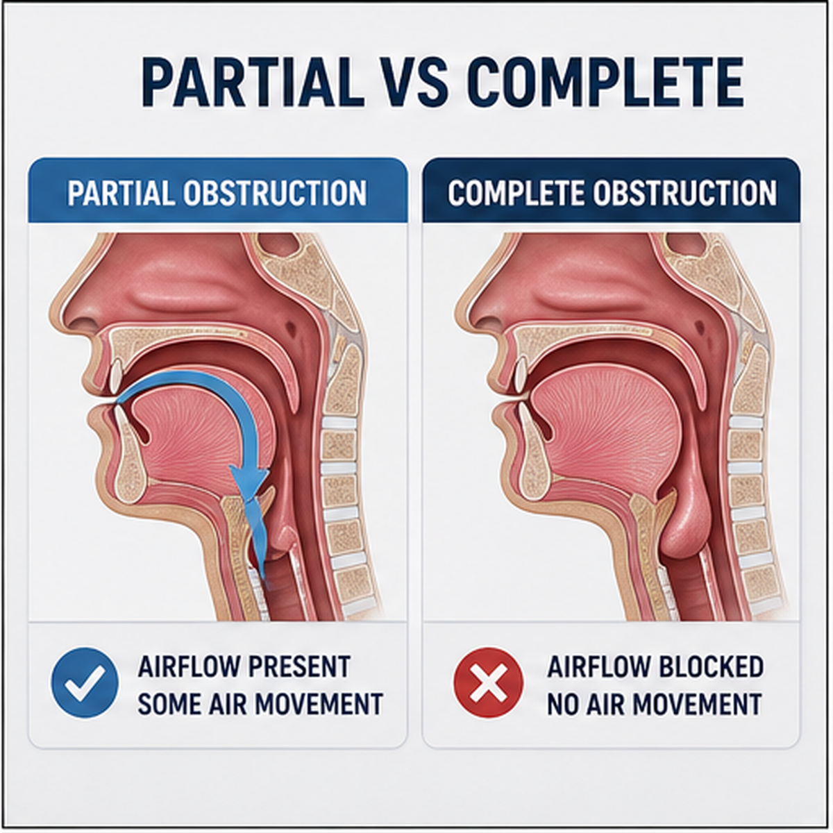 cinematic 3D airway cross-section comparing partial obstruction with airflow path and complete obstruction with blocked airflow