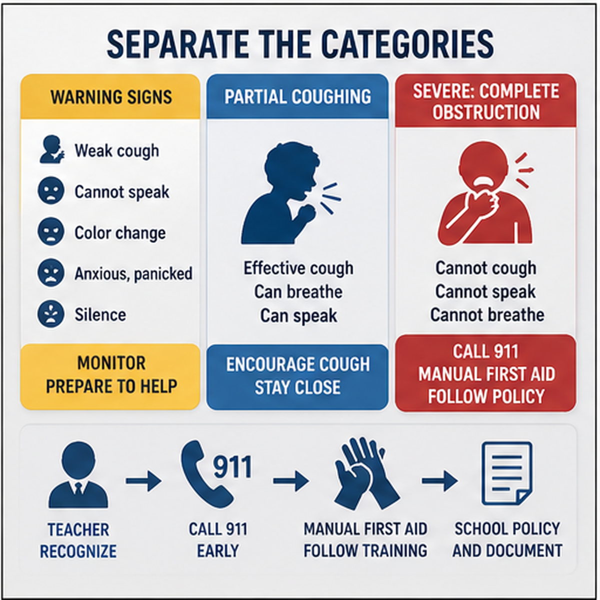 cinematic 3D school and daycare response sequence board separating warning signs partial coughing and severe complete obstruction response