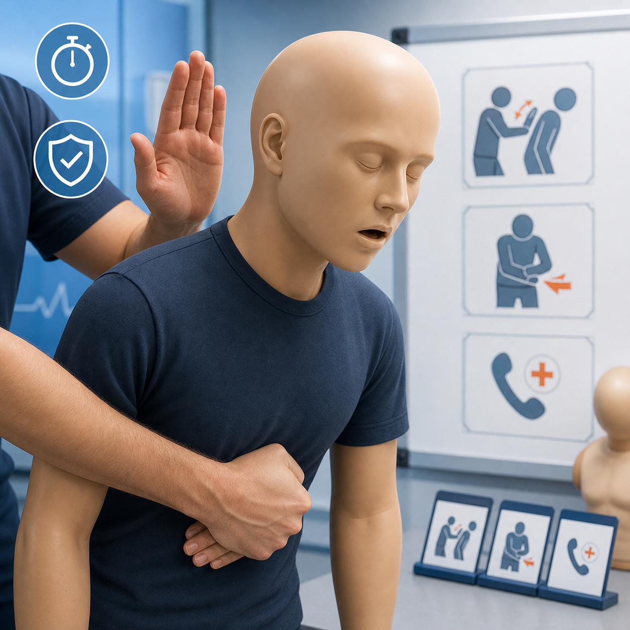 Standard choking first aid training with back blows and abdominal thrust practice