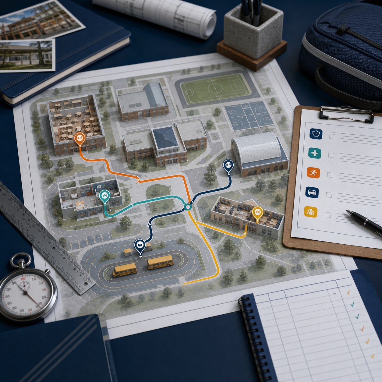 Campus map for planning visible and reachable emergency equipment locations