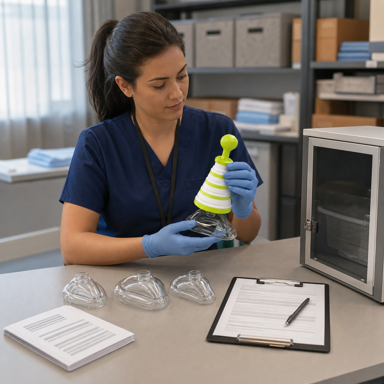 Authorized recipient inspecting a real FITIGER FoldPumpVac device, three masks, instructions, and acceptance records