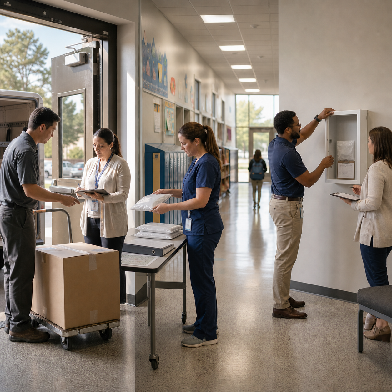 School staff moving donated equipment from delivery and content verification to cabinet deployment