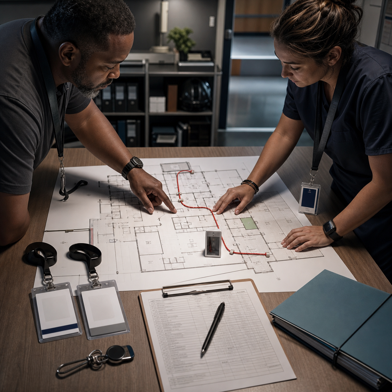 Primary and backup owners reviewing an equipment location, measured access route, keys, and inspection records