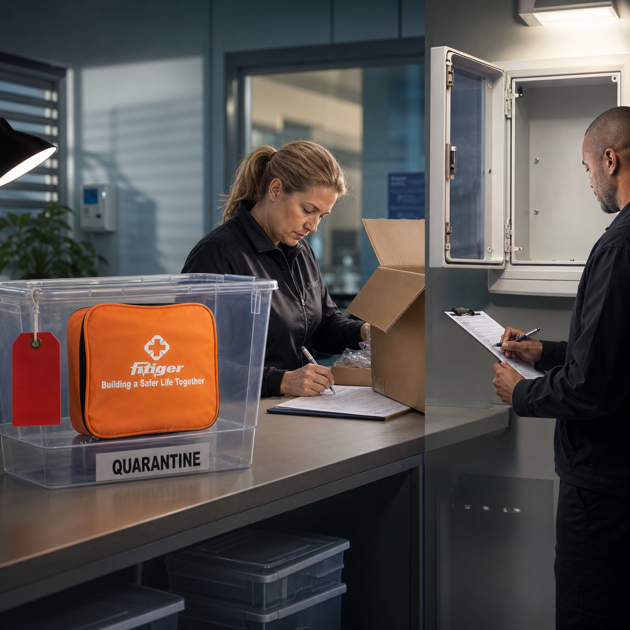 Tagged FITIGER emergency bag in quarantine while staff document replacement and reinspection before return to service