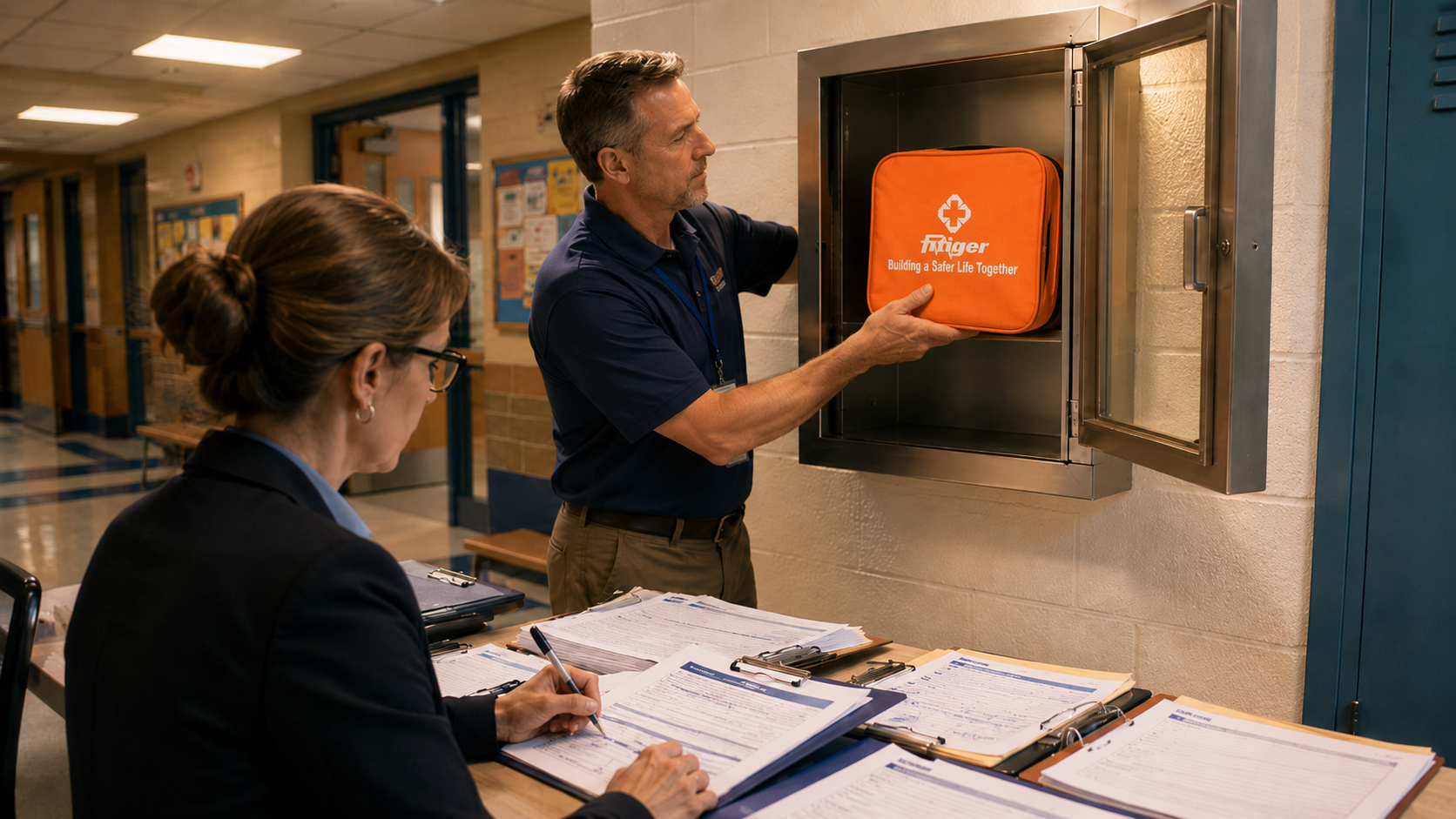 Real orange FITIGER emergency bag tracked from a complete donation file through approval, receipt, placement, custody, inspection, and replacement