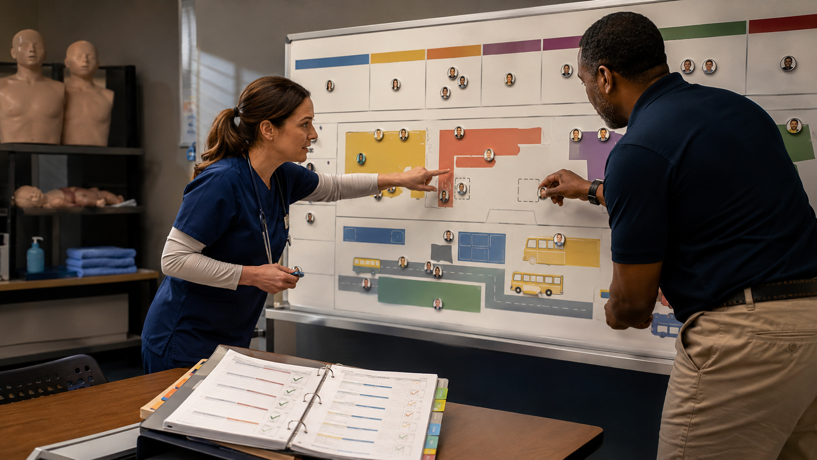 School mapping current first-aid and CPR coverage across cafeterias, classrooms, buses, after-school programs, athletics, and substitutes