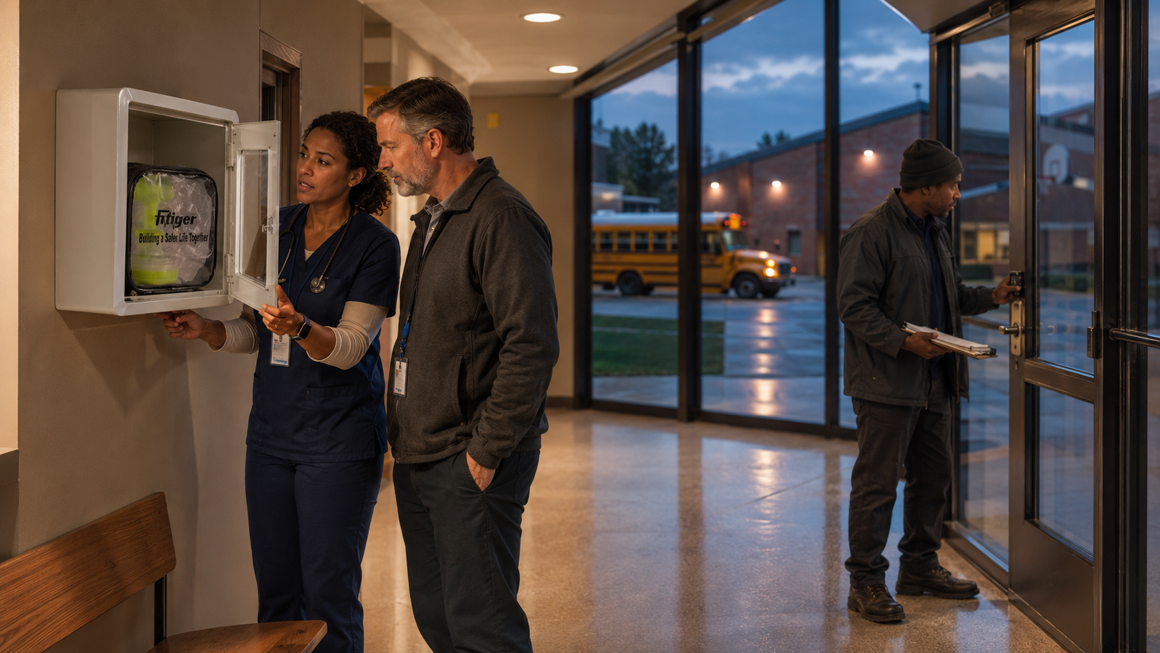 Real FITIGER FoldPumpVac package staged after a school maps student routes, after-hours use, access barriers, buses, buildings, and inspection ownership