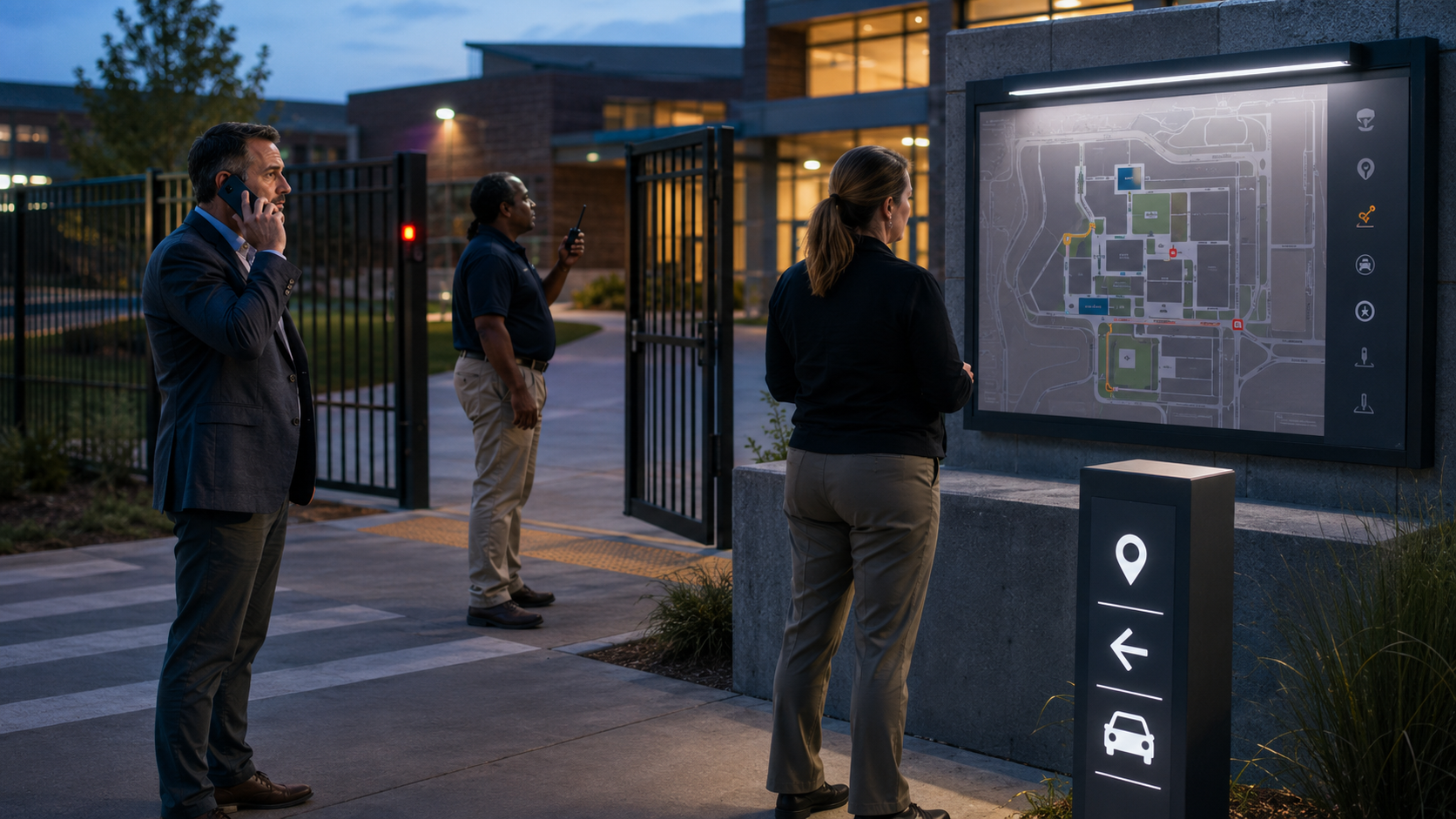 School staff testing 911 access, radio and mobile coverage, exact location details, gate codes, entrances, and EMS guidance