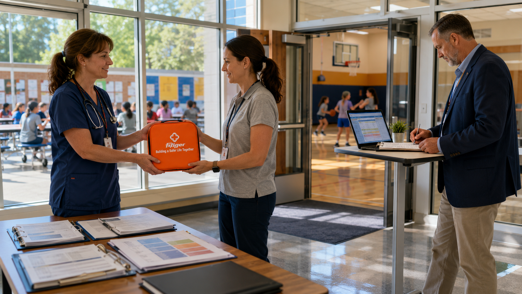 Real orange FITIGER emergency bag entering a school program after baseline audit, access correction, ownership, documentation, funding, drills, and inspection planning