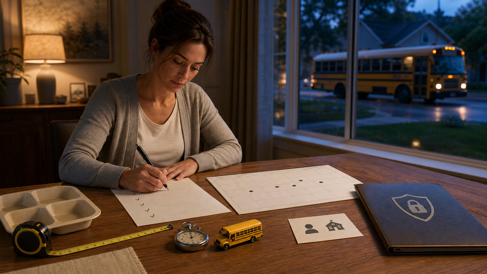Parent preparing a factual school nomination with cafeteria, bus, after-hours, and authorized-contact details while excluding private student information