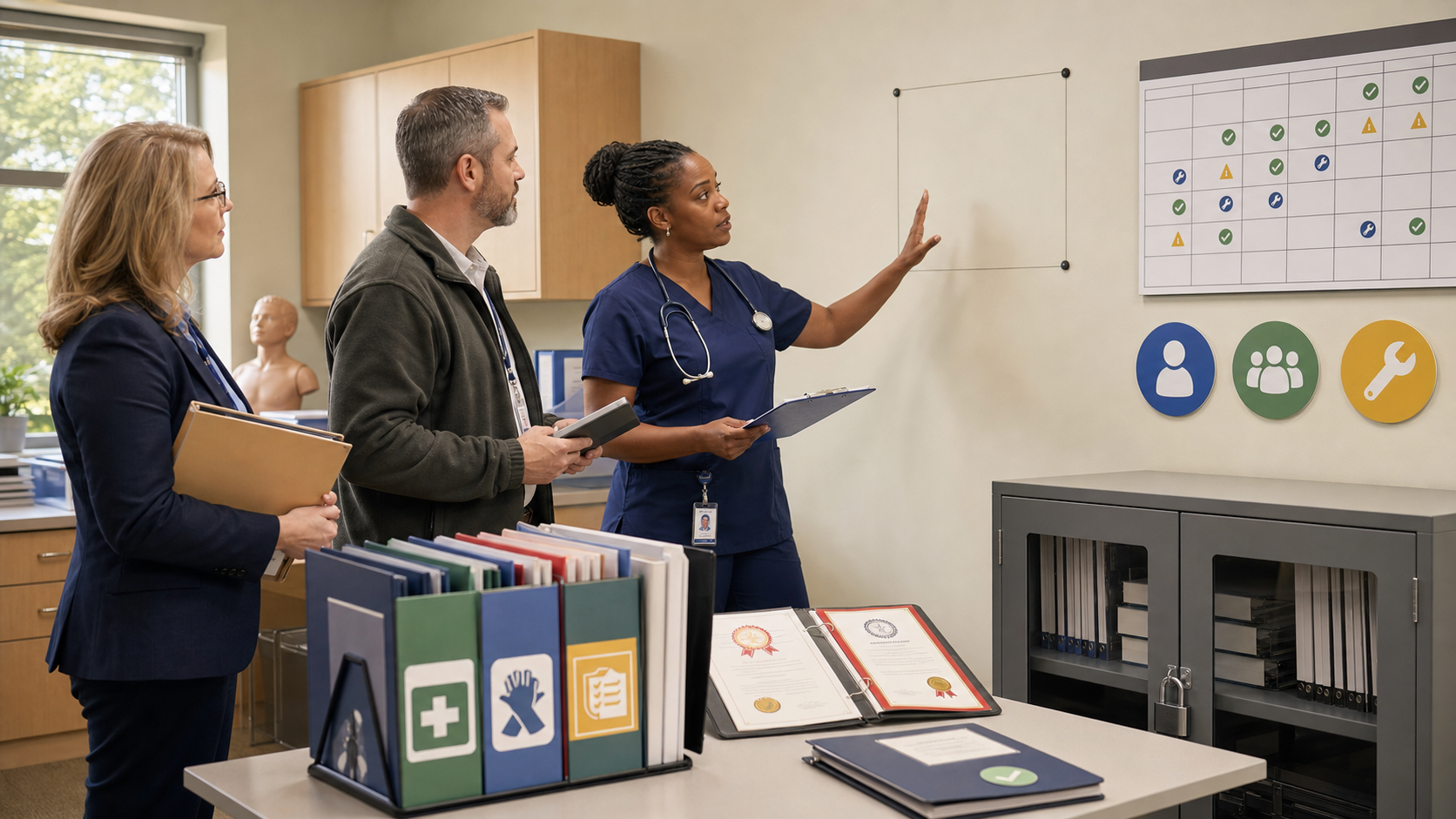 School nurse and administrators reviewing placement, intended users, training, inspection, privacy, and approval for a nomination