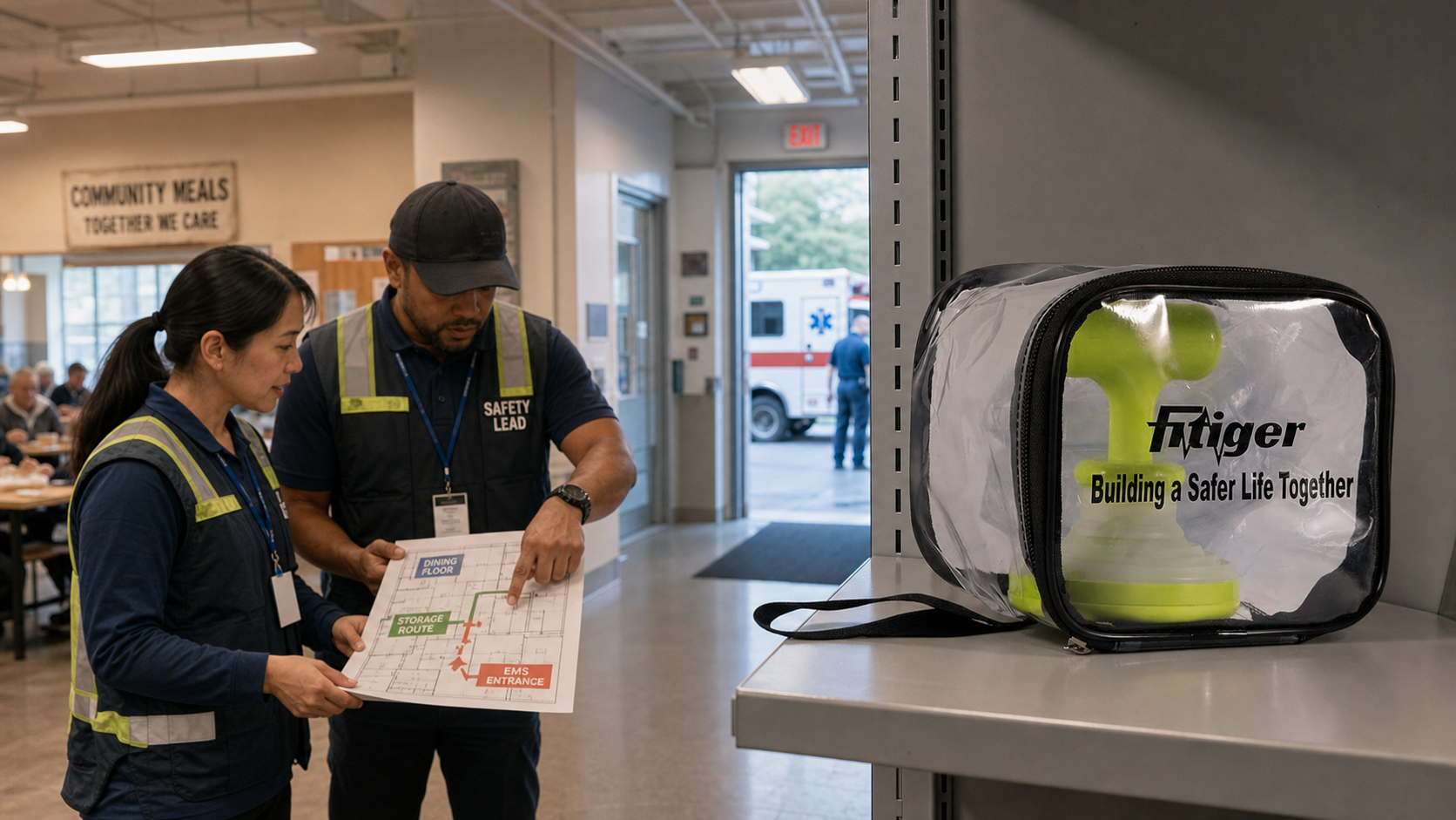 Real FITIGER FoldPumpVac package staged after a community meal program verifies trained roles, emergency entrance, storage, and access routes