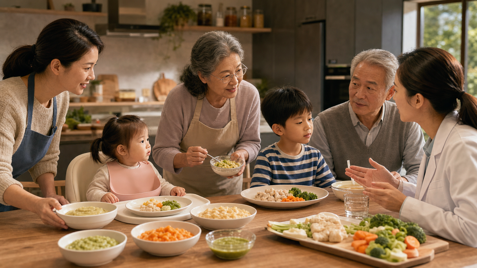 Caregivers adapting food shape, size, texture, preparation, and supervision for different ages and swallowing needs
