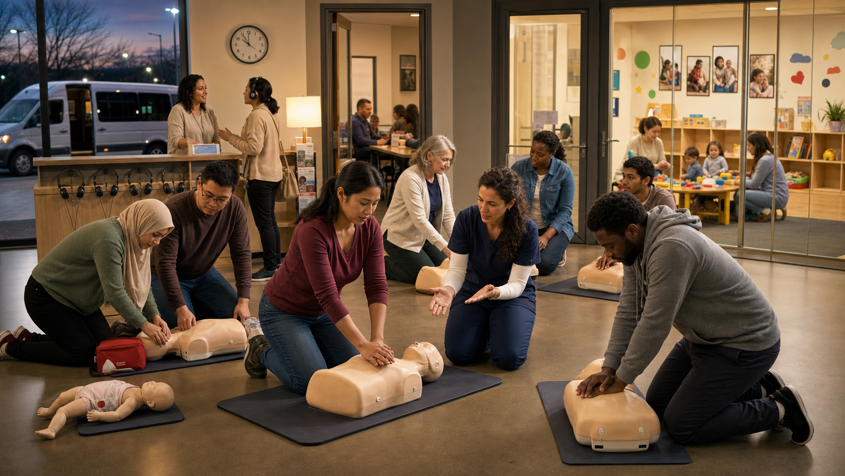 Accessible multilingual first-aid and CPR training with childcare, transport support, flexible schedules, and qualified skills practice