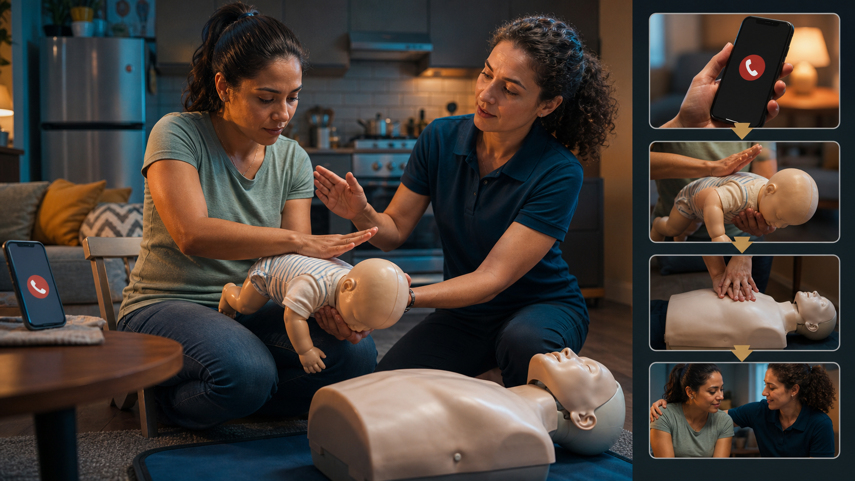 Caregiver emergency sequence prioritizing 911, established first-line choking rescue, CPR when indicated, and second-line backup only afterward