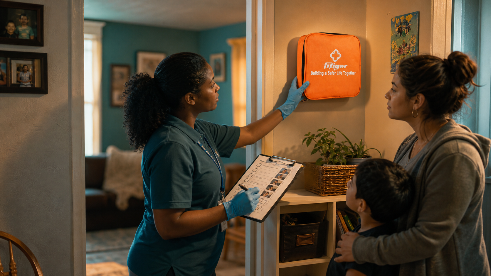 Real orange FITIGER emergency bag documented through referral, delivery, caregiver orientation, fixed placement, inspection, replacement, and follow-up