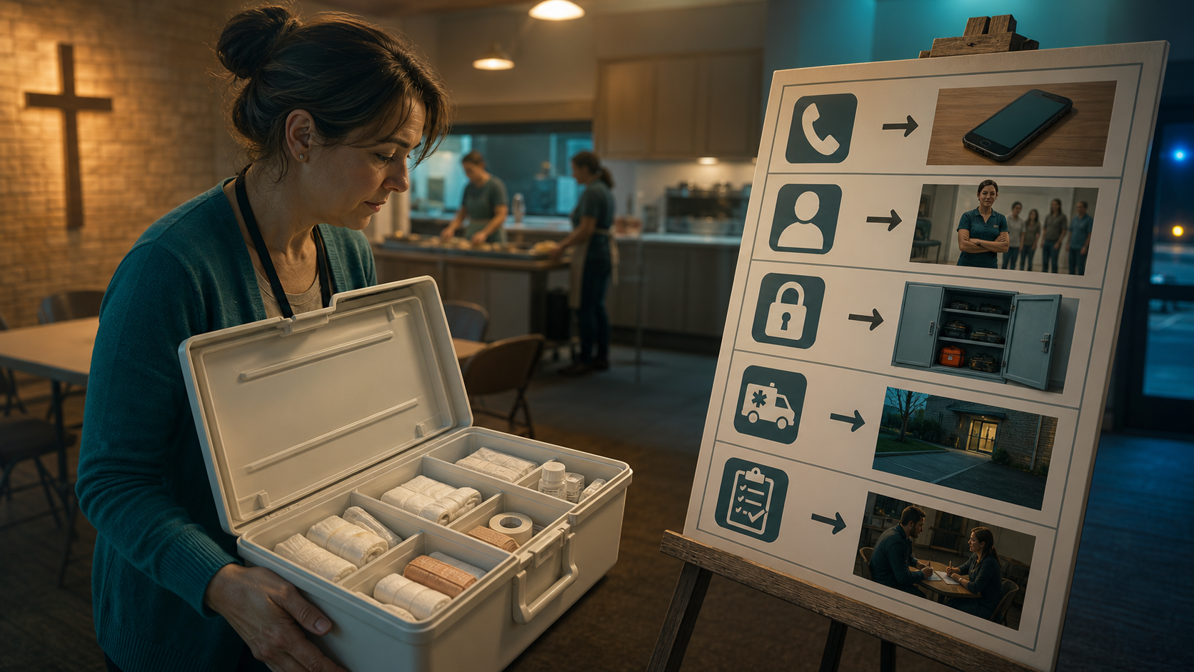 Open first-aid box contrasted with the missing 911, trained responder, equipment access, and incident follow-up elements of a choking response plan