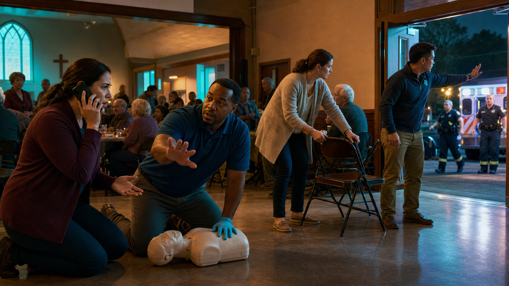 Trained volunteers coordinating first-line response, 911 activation, crowd control, and EMS access during a crowded community meal