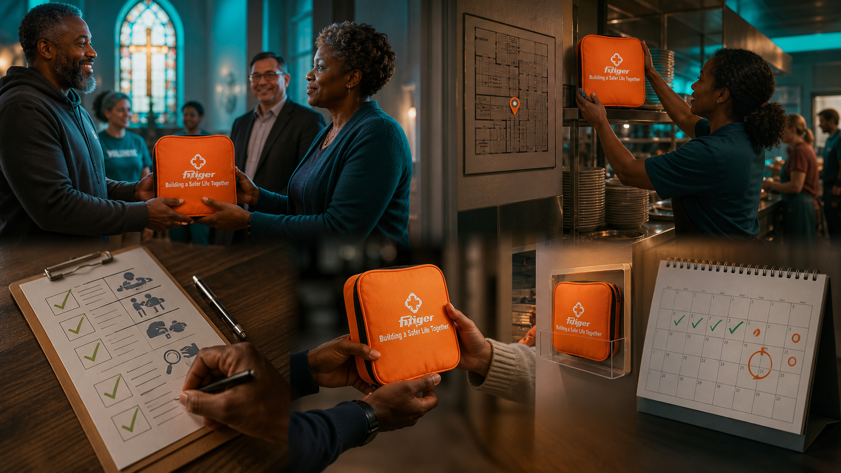 Real orange FITIGER emergency bag documented through donation, placement, inspection, ownership, and replacement records for a community meal program