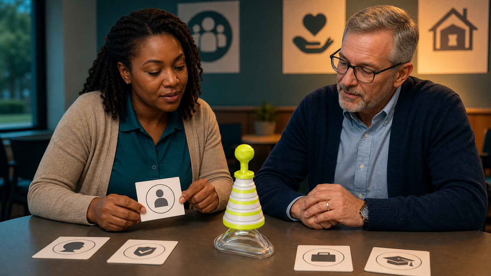 Nonprofit program manager and clinical adviser reviewing a real FITIGER FoldPumpVac, masks, instructions, storage, and training fit