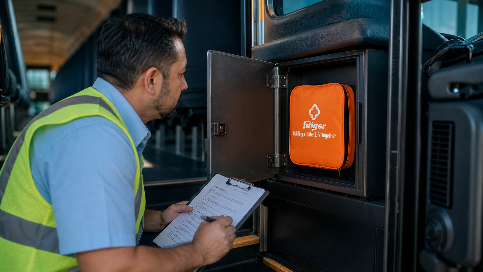 Real orange FITIGER emergency bag secured in a school bus cabinet during a routine presence, access, and seal check
