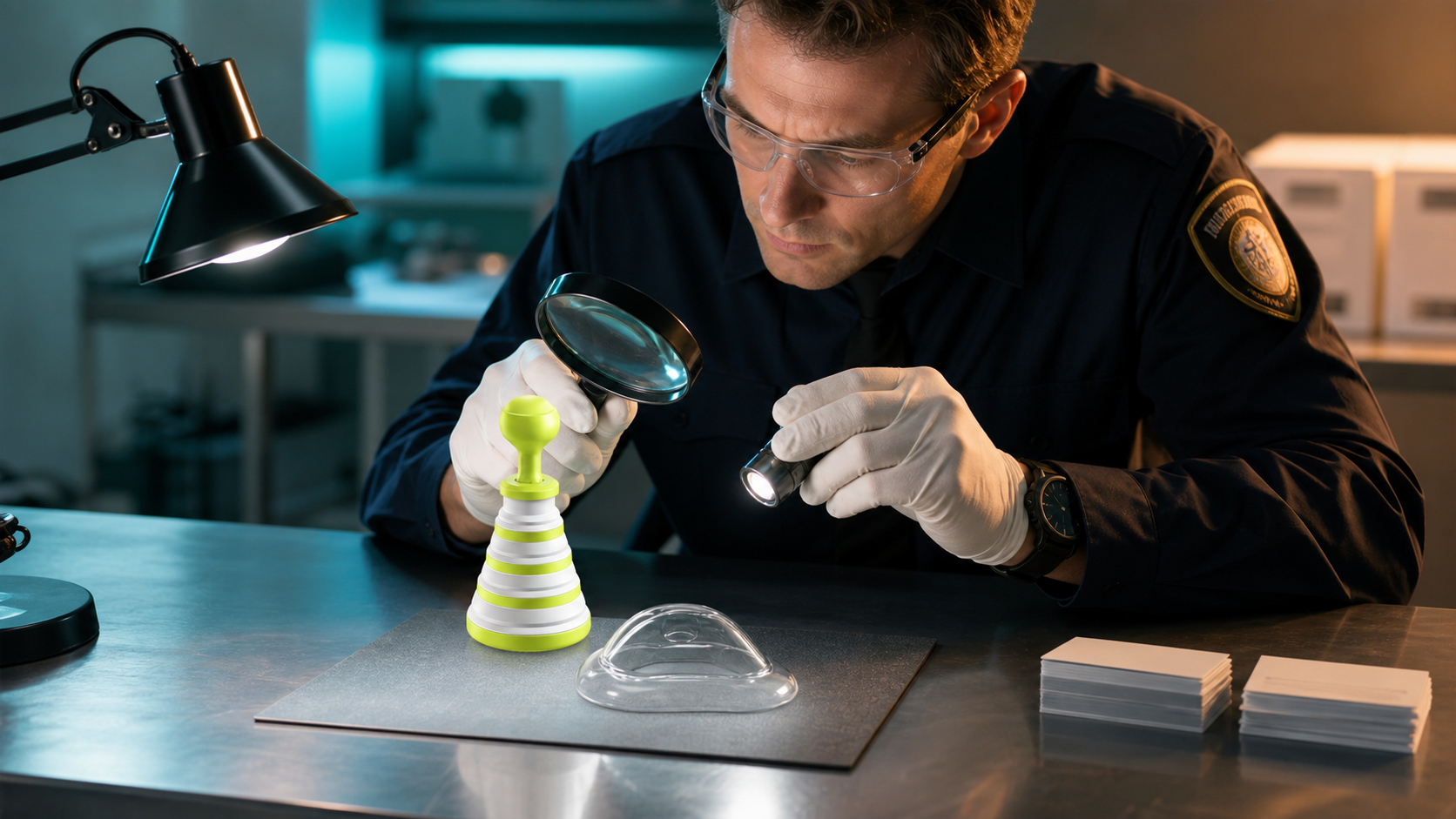 Trained inspector reviewing a real FITIGER FoldPumpVac and masks for packaging, material condition, connectors, and replacement information