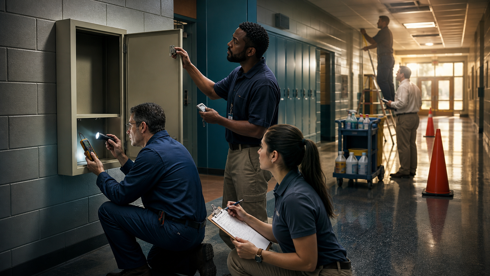 Facilities and safety staff inspecting cabinet access, mounting, locks, moisture, sunlight, cleaning exposure, and route obstruction