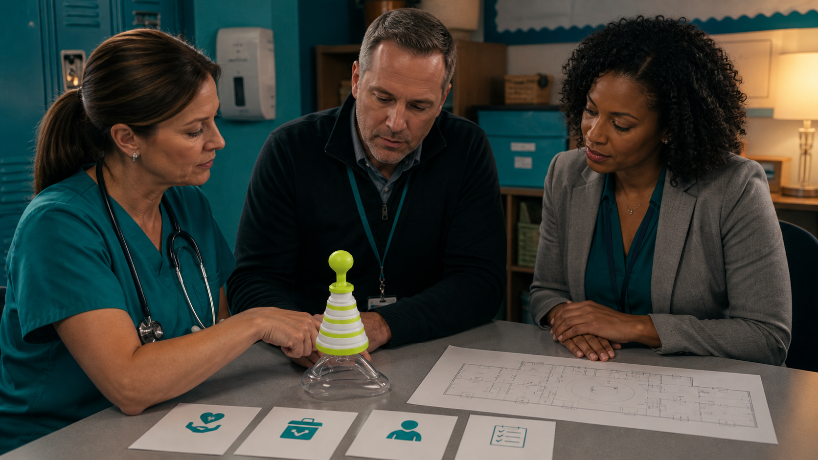 School and district reviewers inspecting a real FITIGER FoldPumpVac and masks against donation, storage, ownership, and quantity records