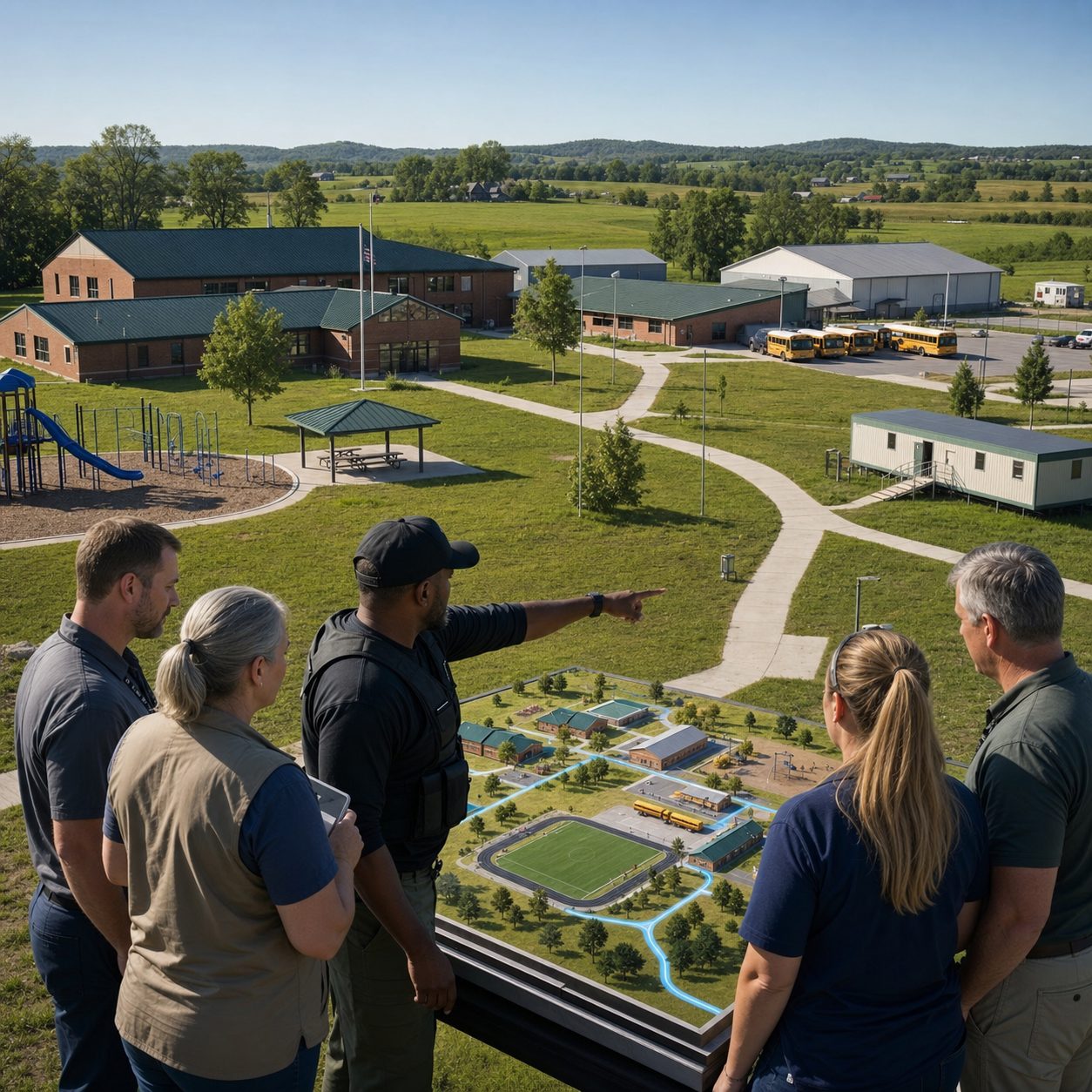 A rural school safety team maps response zones across separate buildings, outdoor paths, and bus areas.