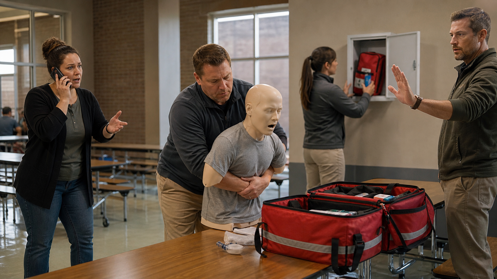 School staff coordinate manual first aid, emergency calling, kit retrieval, and room management around an artificial training mannequin.