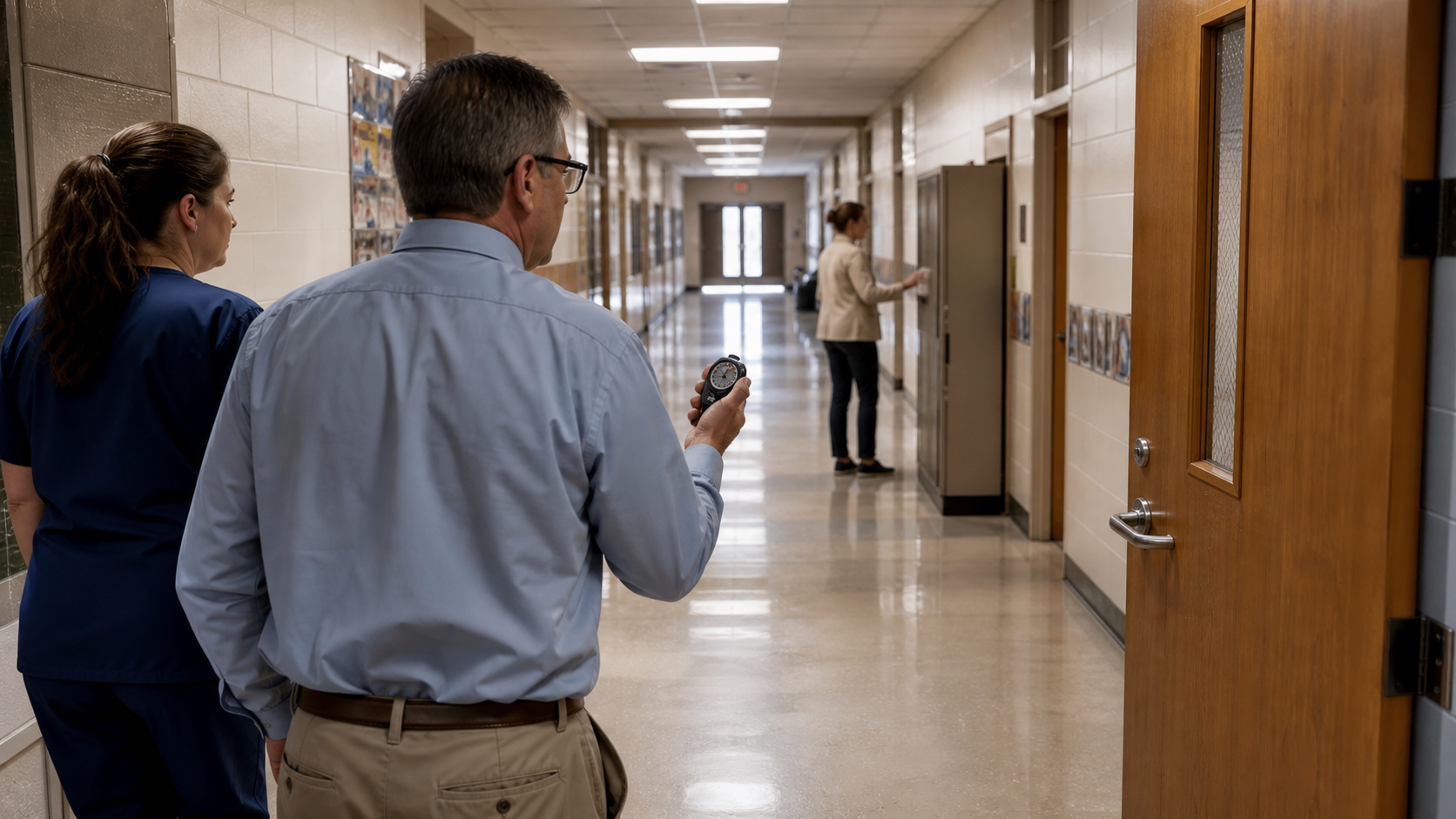 Staff measure emergency access delays caused by distance, hallway doors, and locked storage.